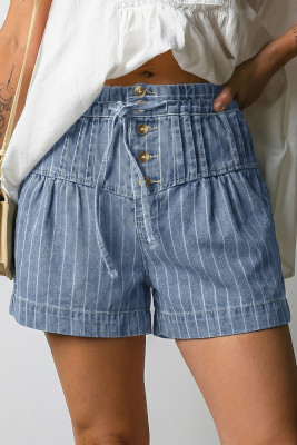 Sky Blue Stripe Drawstring Button Pleated High Waist Denim Shorts LC7832474-P419