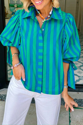 Blue Stripe Tie Puff Sleeve Womens Button Down Shirt LC2557602-P519