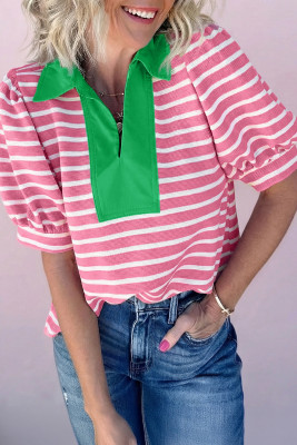 Pink Stripe Short Puff Sleeve Color Block Polo Collar Blouse LC25137367-P1019