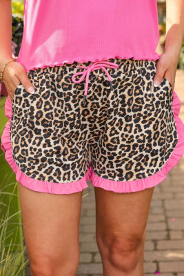 Khaki Leopard Print Contrast Ruffle Trim Shorts LC7311576-P1620