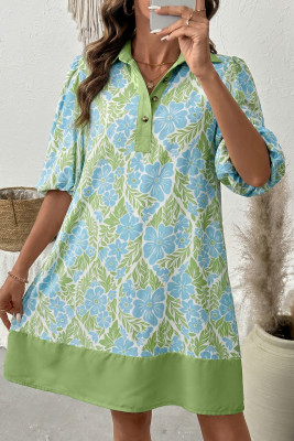 Sky Blue Floral Print Color Block Patchwork Shirt Collar Half Sleeve Mini Dress LC6127816-P420