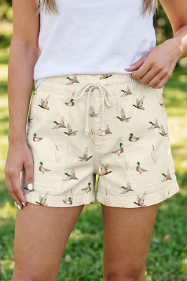 Beige Wild Duck Mallard Printed Drawstring Denim Shorts LC7832550-P1520