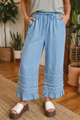 Beau Blue Ruffled Hem Wide Leg Chambray Pants LC7876454-P804