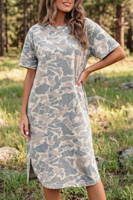 Multicolour Camouflage Print Short Sleeve Drop Shoulder Side Slit Casual Dress LC6128899-P22