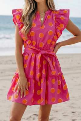 Rose Double Polka Dot V Neck Ruffled Short Sleeve Dress LC6128936-P620