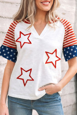 Fiery Red Star Detail Flag Inspired Short Sleeve Top LC25137181-P3