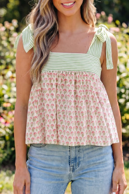 Pink Floral Printed Knot Straps Babydoll Tank Top LC25613935-P1020