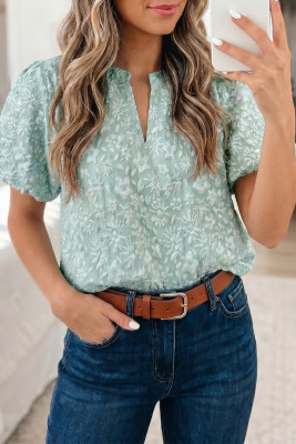 Iceland Blue Floral Textured Jacquard Puff Sleeve Blouse LC25137090-P104