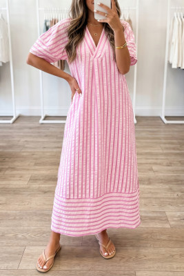 Pink Stripe V Neck Short Sleeve Shift Long Dress LC6127564-P1019