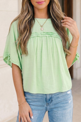 Meadow Mist Green Tie Half Sleeve Pleated Detail Babydoll Blouse LC25137255-P2009