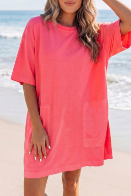 Coral Paradise Drop Shoulder Loose Casual T Shirt Mini Dress LC6127901-P1110