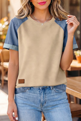 Parchment Denim Color Block Patchwork Round Neck Tee LC25136447-P6016
