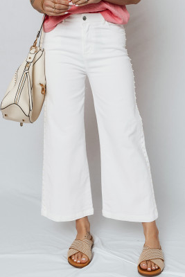 White Pearl Embellished Side Seam Ankle-length Shift Jeans LC7876621-P1