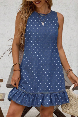 Blue Polka Dot Ruffle Hem Sleeveless Denim Mini Dress LC7861284-P520