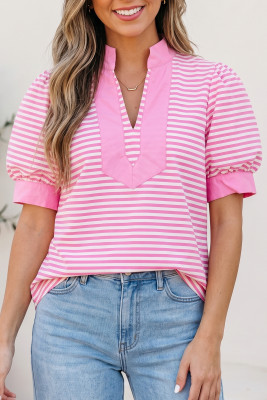 Pink Stripe Color Block Detail Split Neck Short Sleeve Blouse LC25137517-P1019