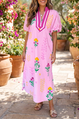 Pink Floral Print Short Sleeve Colorblcok Trim V Neck Midi Dress LC6128915-P1020