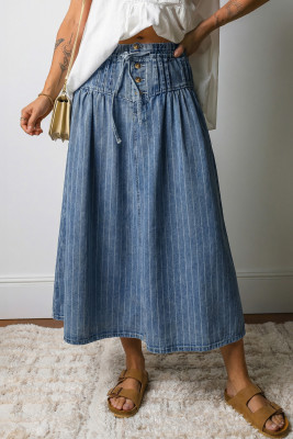 Sky Blue Stripe Button Pintuck High Waist Drawstring Denim Midi Skirt LC7811463-P419