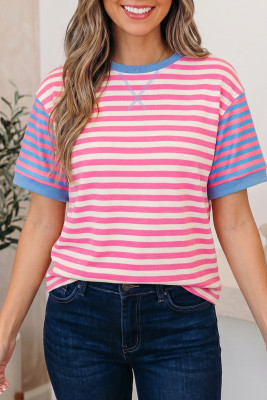 Pink Stripe Contrast Patchwork Short Sleeve Loose Tee LC25231567-P1019