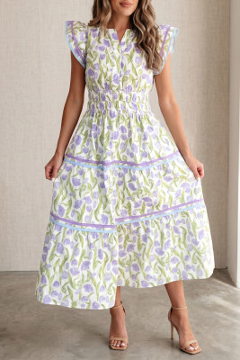 Purple Tulip Floral Print Contrast Trim Midi Dress LC6129022-P820