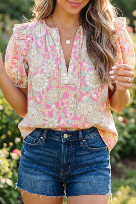 Pink Tie V Neck Floral Short Puff Sleeve Blouse LC25137311-P1020