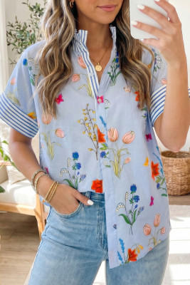 Sky Blue Floral Striped Patchwork Ruffled Collar Short Sleeve Shirt LC2557666-P420