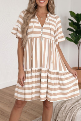 Khaki Stripe Tie V Neck Ruffle Trim Short Sleeve Flared Summer Dress LC6128615-P1619