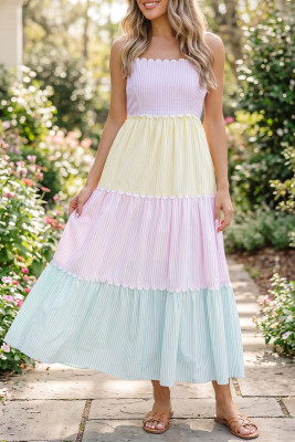 Multicolour Striped Colorblock Adjustable Strap Scalloped Detail Long Dress LC6128836-P22