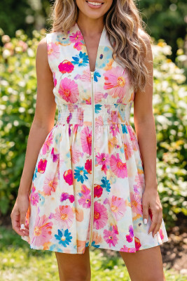 Pink Adorable Floral Print V Neck Zip Up Smocked Waist Flared Mini Dress LC6128027-P1020