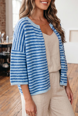 Blue Stripe Loose Half Sleeve Knit Button Down Sweater Cardigan LC2712896-P519