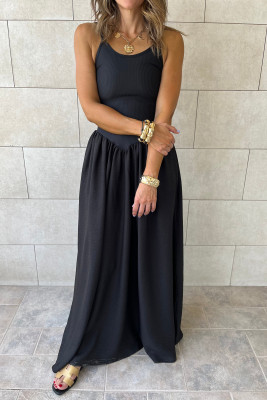 Black Spaghetti Straps Drop Waist Ribbed Patchwork Maxi Dress LC6128640-P2