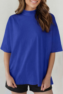 Dark Blue Solid Color High Neck Oversize Tee LC25231614-P5