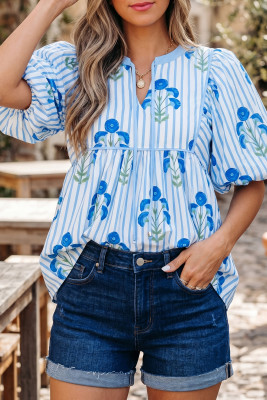 Sky Blue Floral Print Tie Neck Puff Sleeve Blouse LC25137910-P420