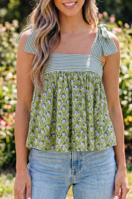 Green Floral Printed Knot Straps Babydoll Tank Top LC25613935-P920