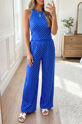 Blue Polka Dot Print Slim Tank Loose Pants 2pcs Outfit LC629167-P520