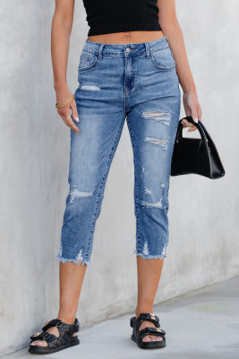 Sky Blue Skinny Distressed Capri Jeans LC7872262-4