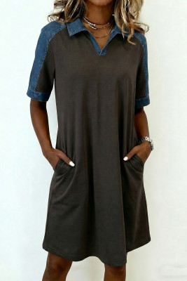 Carbon Grey Color Block Denim Patchwork Polo Collar T Shirt Shift Dress LC6128012-P4011