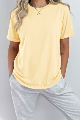 Yellow Cream Casual Plain Crew Neck Tee LC25224551-P107