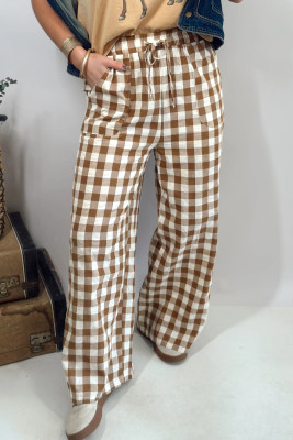 Brown Gingham Plaid Tie Elastic Waist Shift Pants LC7714606-P1720
