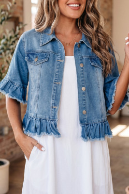 Blue Ruffle Hem Denim Jacket Half Sleeve Western Style LC7881021-P305