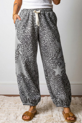 Gray Leopard Print Star Patched Drawstring Elastic Waist Jogger Pants LC7714471-P1120