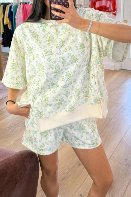 Sky Blue Floral Print Short Sleeve Elastic Waist Pocket Casual Two Piece Short Sets LC629567-P420