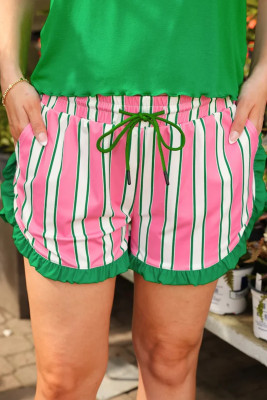 Pink Stripe Contrast Ruffle Trim Shorts LC7311576-P1019