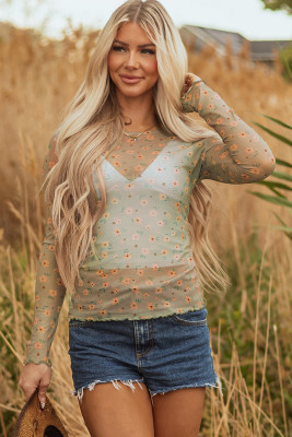 Laurel Green Vintage Floral Print Southern Style Mesh Long Sleeve Top LC25133385-P1209