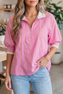 Pink Stripe Striped V-Neck Half Sleeve Zipper Ribbed Cuff Casual Shift Blouse LC25136849-P1019