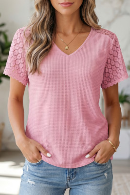 Pink Lace Splicing Button Cutout V Neck Waffle Knit Blouse LC25231409-P10