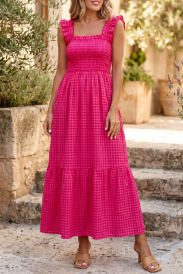 Red Plaid Square Neck Fit-and-flared Vacation Sundress LC6129585-P10320