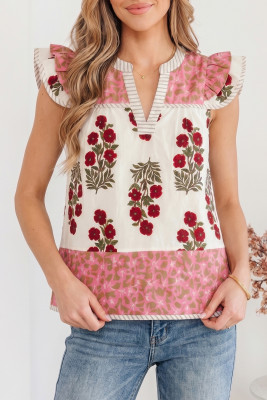 White Floral Print Contrast Striped Trim Flutter Cotton Blouse LC25136752-P120