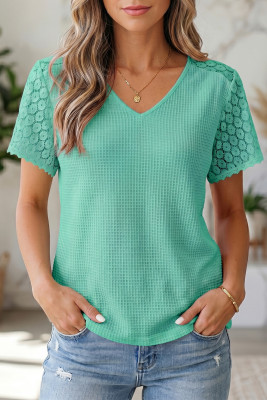 Mint Green Lace Splicing Button Cutout V Neck Waffle Knit Blouse LC25231409-P1009
