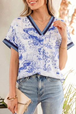 Blue Wild Animal Paradise Striped Trim V Neck Short Sleeve Blouse LC25136904-P520