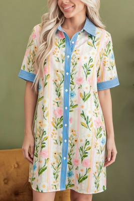 Multicolour Floral Print Striped Trim Button Down Shift Dress LC6129783-P22